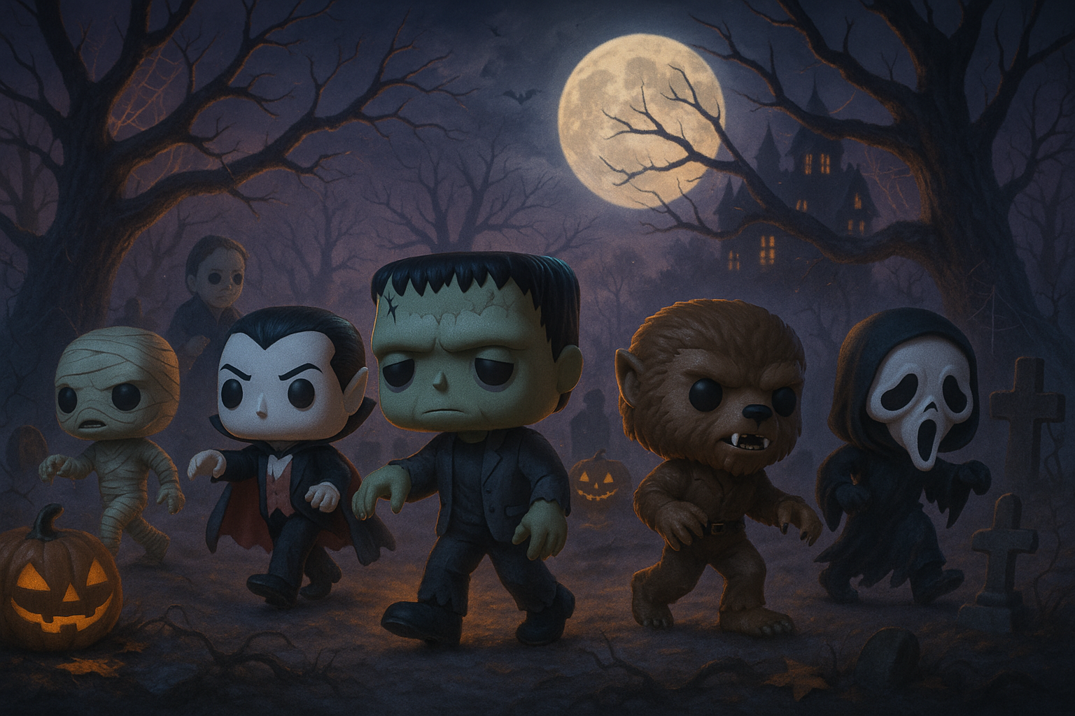 Spooky Halloween background with Classic Horror Movie Funko Pops walking around.